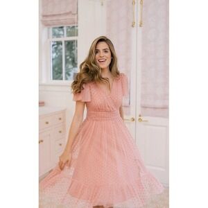 New Gal Meets Glam Zelda Dress Pink Above Knee Polka  Short Sleeve Size 4 6 Mesh